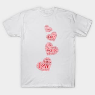 Four Large Cascading Red Word Cloud Hearts T-Shirt